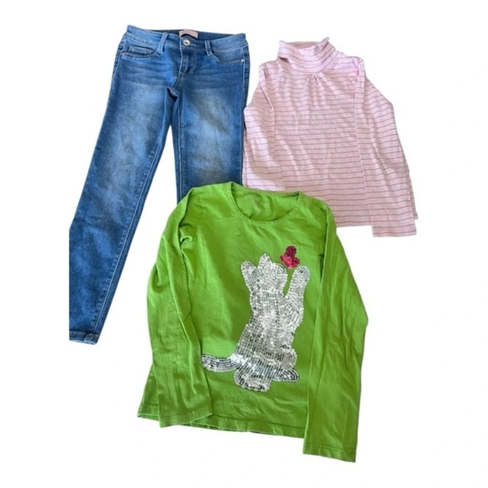 Bundle of Mix Girls Clothings Jeans,Stripe Top And Green Cat Sequin Kids Top 7